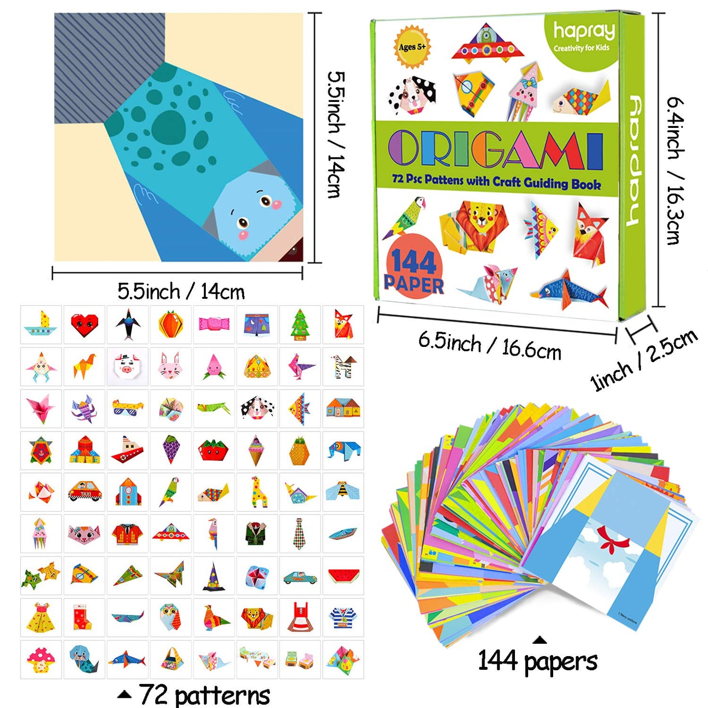 hapray Origami Kit 144 sheets Origami Paper for Kids 72 Patterns with Craft Guiding Book - WoodArtSupply