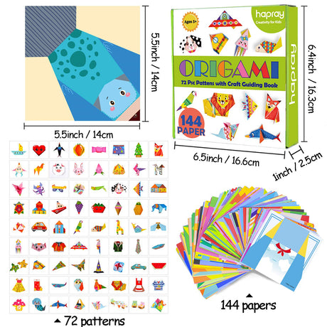 hapray Origami Kit 144 sheets Origami Paper for Kids 72 Patterns with Craft Guiding Book hapray