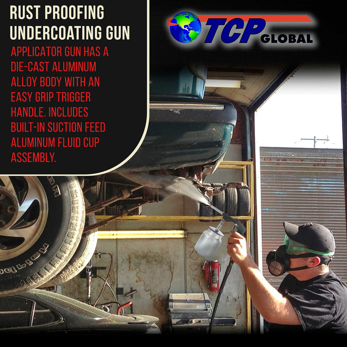 TCP Global Air Undercoating Spray Gun with Suction Feed Cup - Apply Sprayable Truck Bed Liner Coating, Rubberized Undercoat, Rust Proofing, Chip TCP Global