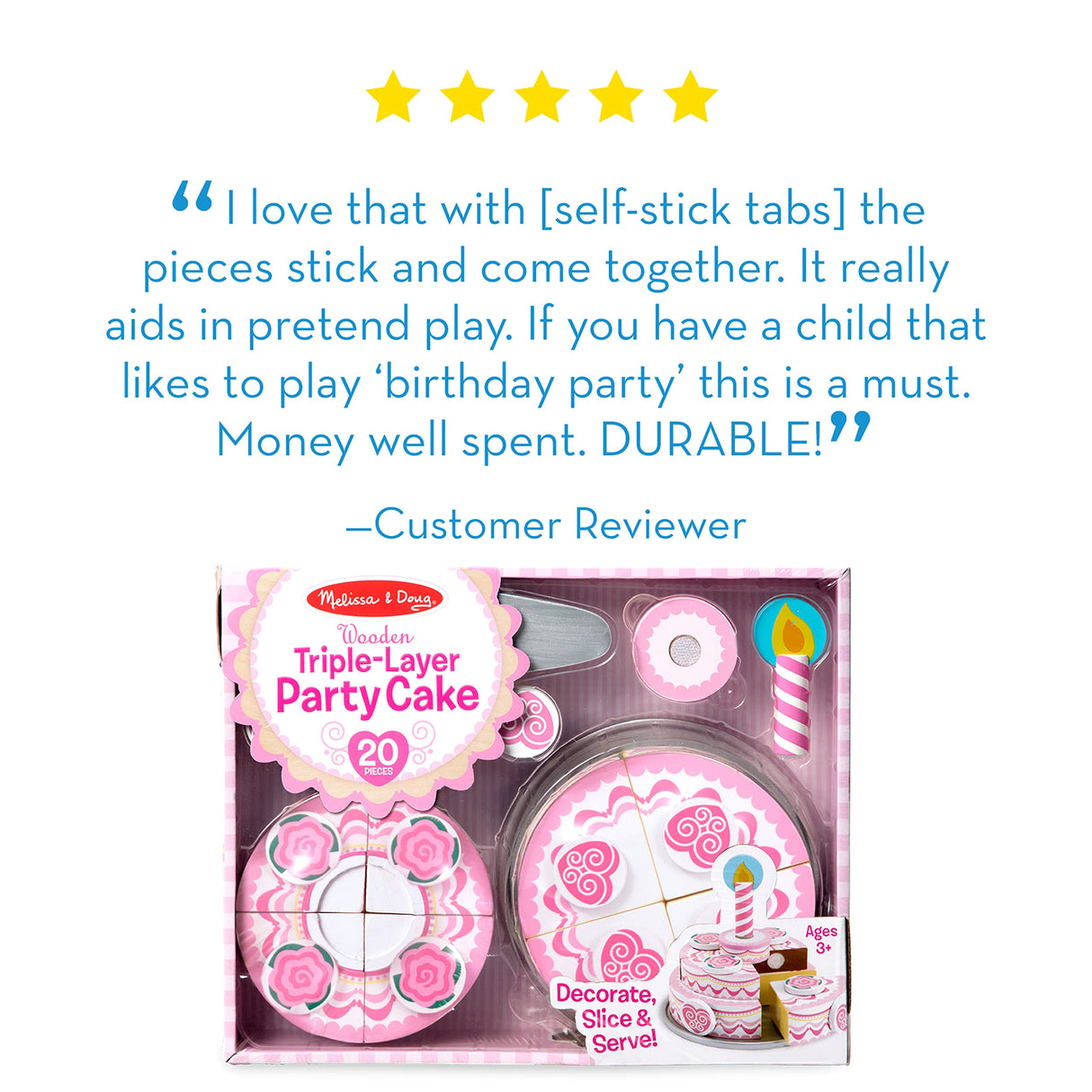 Melissa & Doug Triple-Layer Party Cake Wooden Play Food Set - Birthday Cake Pretend Food Play Set For Toddlers, Kids Ages 3+ Melissa & Doug