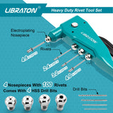 Libraton Heavy Duty Rivet Gun, Pop Rivet Gun Set, Professional Hand Riveter, Manual Riveting Tool with 110Pcs Rivets and 4 Interchangeable Heads, for LIBRATON