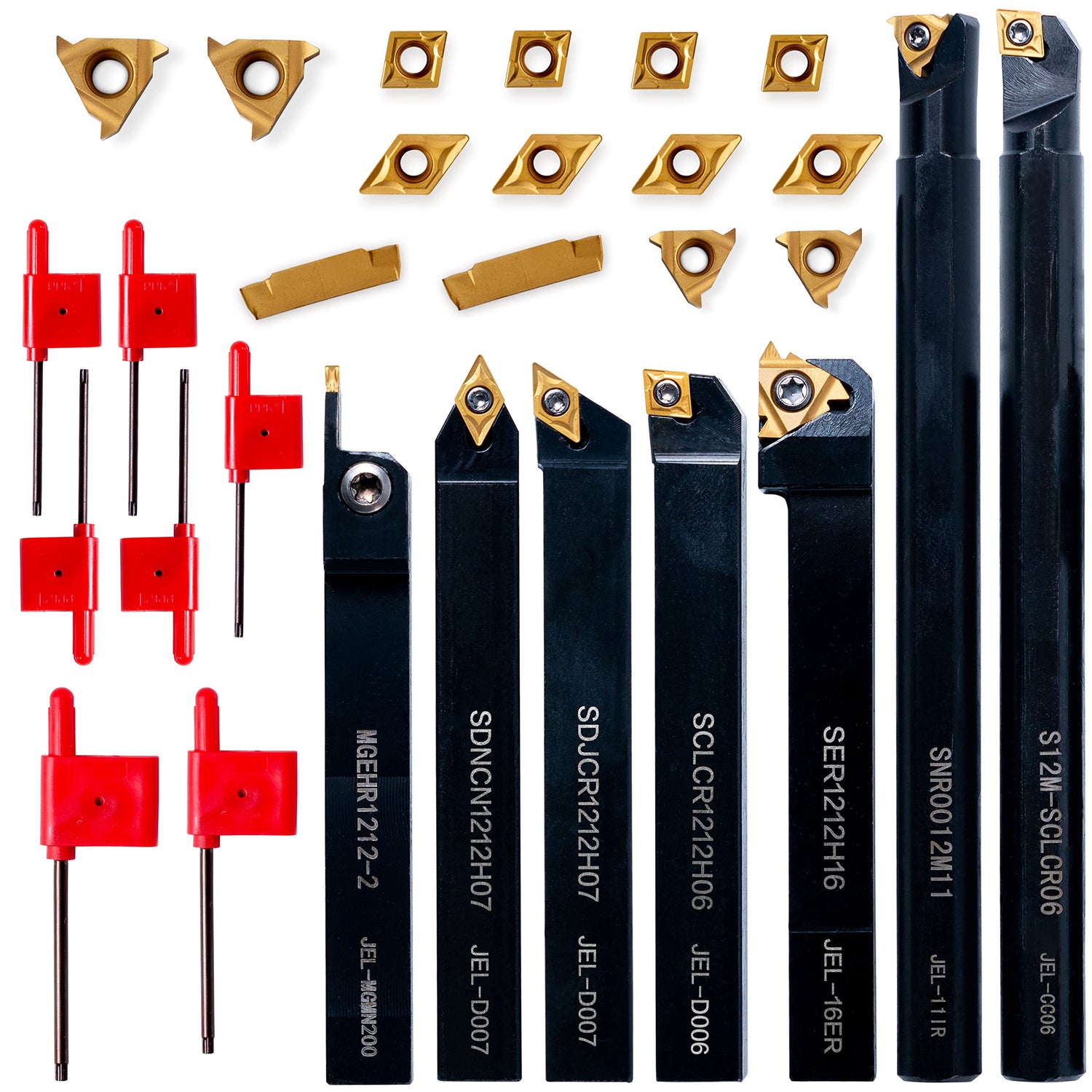 Lathe Threading-Tool Bit Set 21pcs - 7pcs 1/2" Turning Holder Boring Bars / 14pcs Indexable Carbide Inserts Golden CCMT060204 DCMT070204 11IR 16ER WoodArtSupply