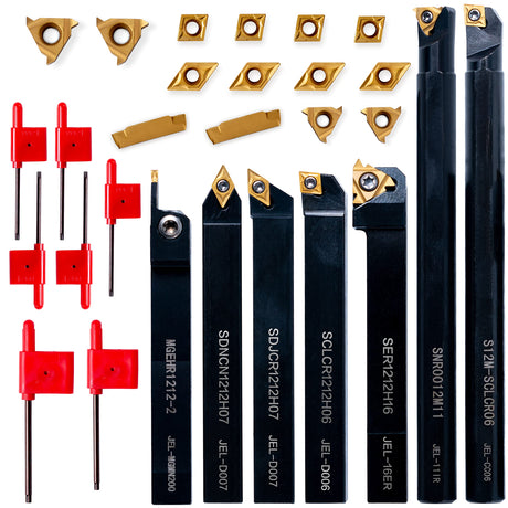 Lathe Threading-Tool Bit Set 21pcs - 7pcs 1/2" Turning Holder Boring Bars / 14pcs Indexable Carbide Inserts Golden CCMT060204 DCMT070204 11IR 16ER WoodArtSupply