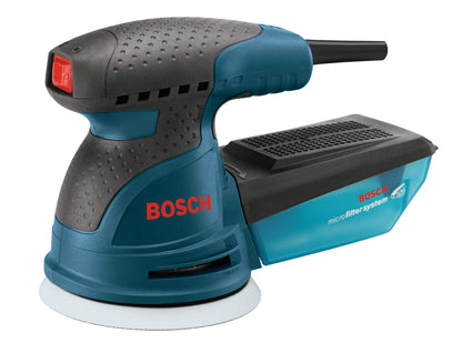 BOSCH ROS20VSC Palm Sander 2.5 Amp 5 In. Corded Variable Speed Random Orbital Sander/Polisher Kit with Dust Collector and Soft Carrying Bag, Blue - WoodArtSupply