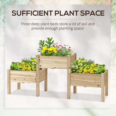 Outsunny Raised Garden Bed with 3 Planter Box, Elevated Wooden Plant Stand with Drainage Holes, for Vegetables, Herb and Flowers, Natural Outsunny