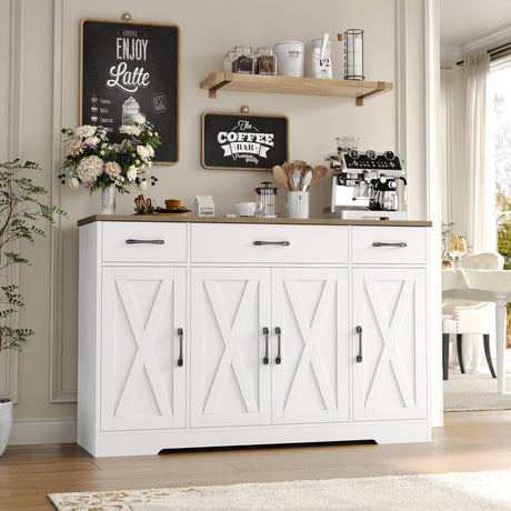 HOSTACK Buffet Cabinet with Drawers, 55" Large Sideboard Buffet Storage Cabinet with Shelves & 4 Doors, Modern Farmhouse Coffee Bar Cabinet Wood HOSTACK
