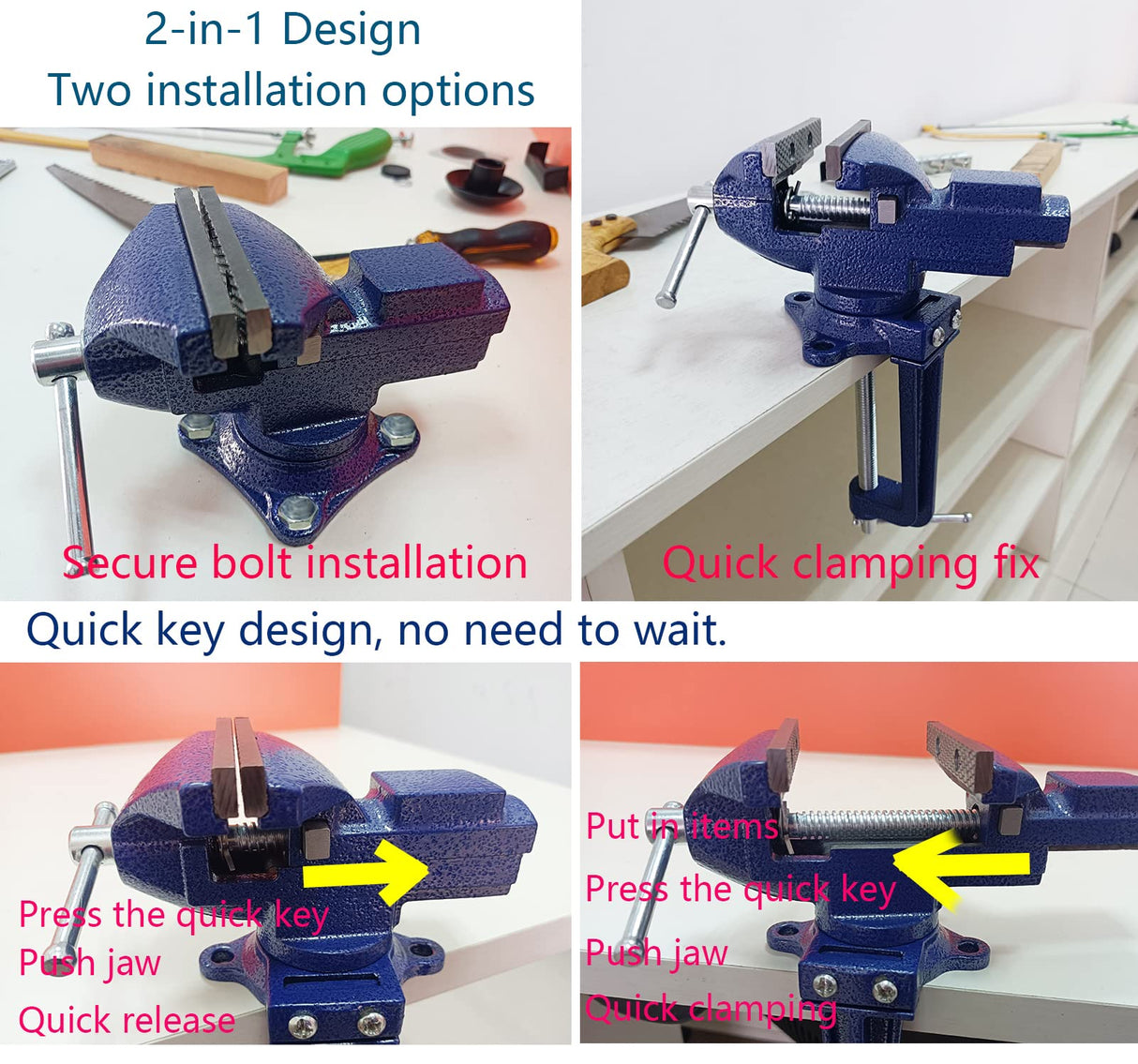MYTEC Bench Vise or Table Vise, multifunctional jaw, multi-functional Combined Vise with Quick Adjustment, Universal Rotate 360° Work Clamp-On Vise, MYTEC