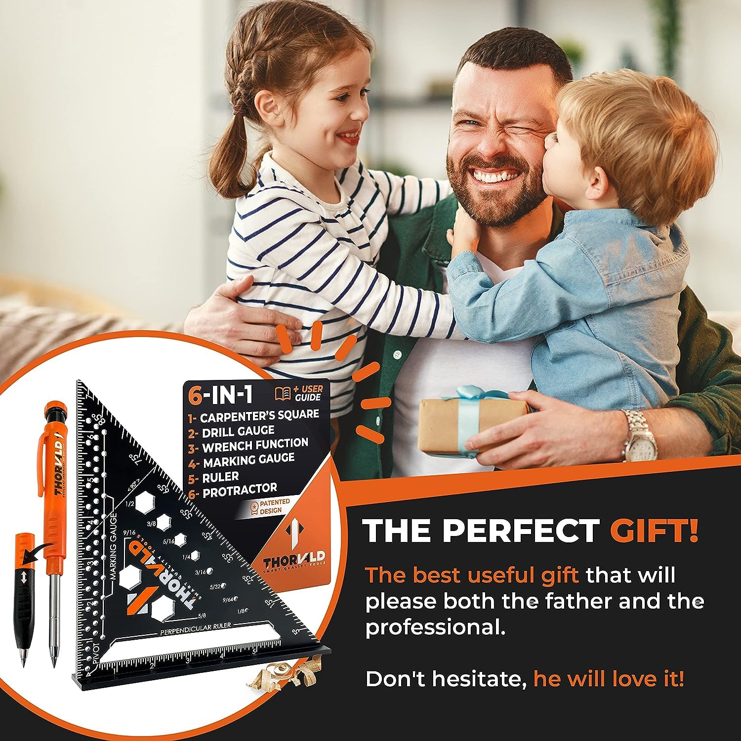 THORVALD 6-in-1 Carpenter Square - 180mm T Square Multi-Purpose Carpenter Tools with Wrench, Square, Protractor, Ruler, Graduated Marking Gauge, THORVALD