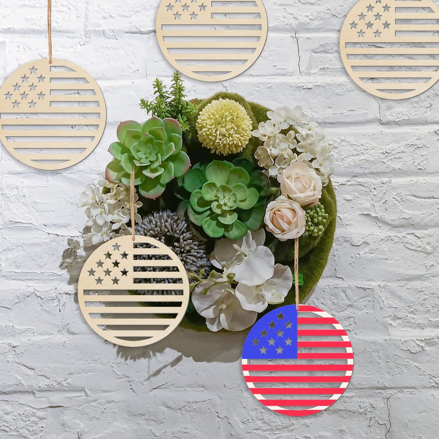 4in Patriotic Star Hanging Wood Independence Day Unfinished Wood with Twines DIY Craft Ornament for Independence Day Wedding Birthday Birthday 4th of Lamantery