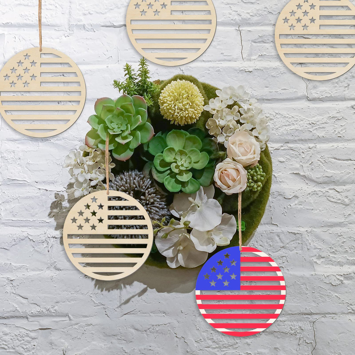 4in Patriotic Star Hanging Wood Independence Day Unfinished Wood with Twines DIY Craft Ornament for Independence Day Wedding Birthday Birthday 4th of Lamantery
