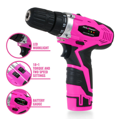 Pink Power Pink Drill Set for Women - 12V Li-Ion Pink Cordless Drill Driver Tool Kit for Women - Electric Screwdriver with Case, Battery, Charger and