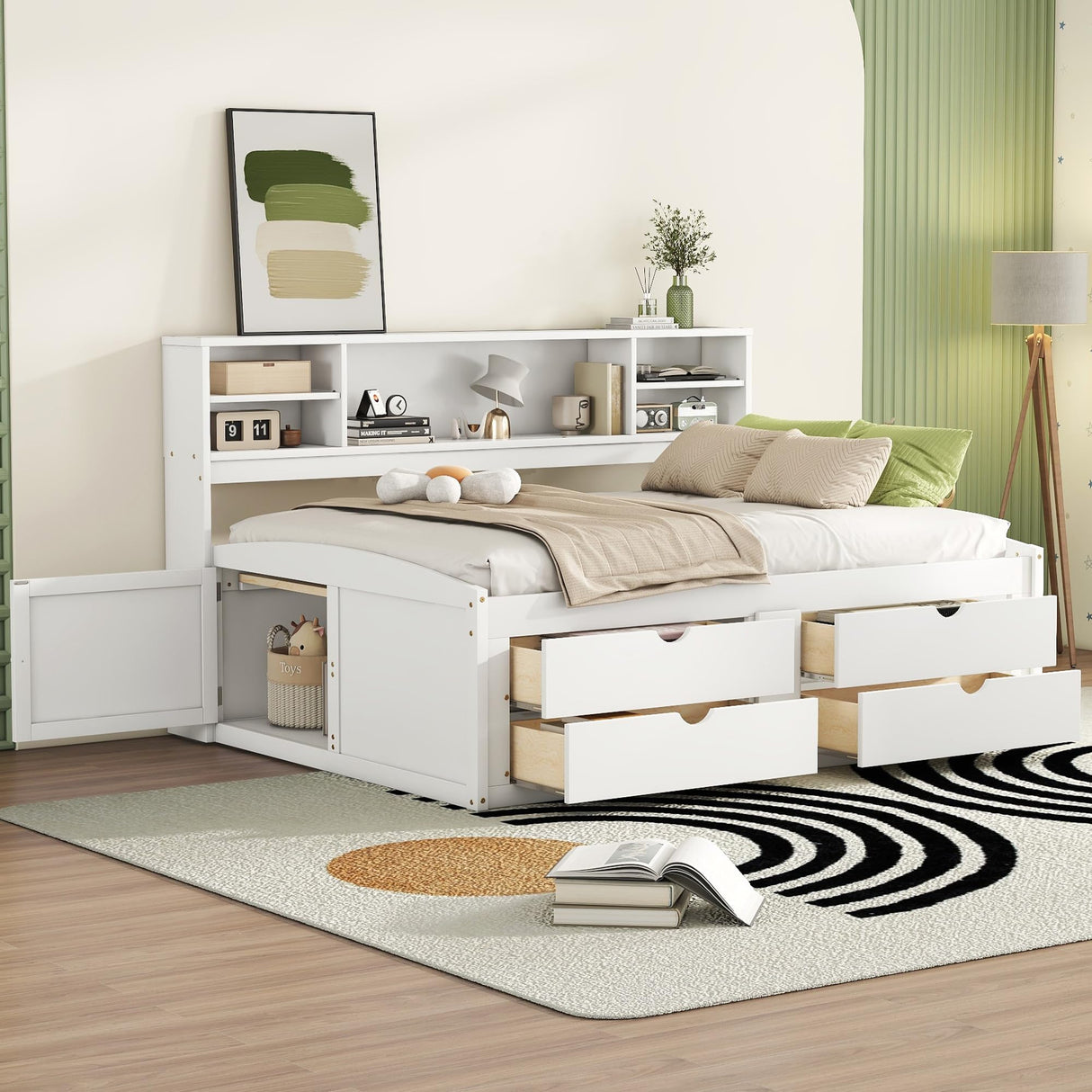 Loisall Wood Daybed with 2 Bedside Cabinets, Full Size Bed Frame with Upper Shelves and 4 Drawers for Bedroom,No Box Spring Needed (White) Loisall