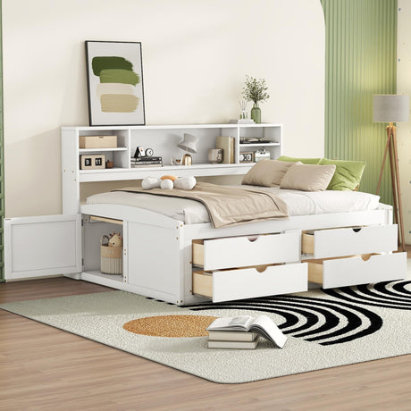Loisall Wood Daybed with 2 Bedside Cabinets, Full Size Bed Frame with Upper Shelves and 4 Drawers for Bedroom,No Box Spring Needed (White) Loisall
