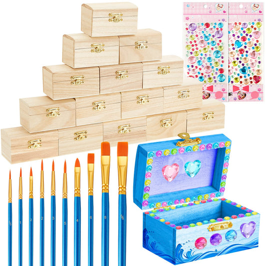 Leinuosen 15 Pcs Small Wooden Boxes with Hinged Lids 3.5 x 2.2 x 1.9 Inch Unfinished Wooden Treasure Chest Box 10 Pcs Paint Brushes with 2 Sheets