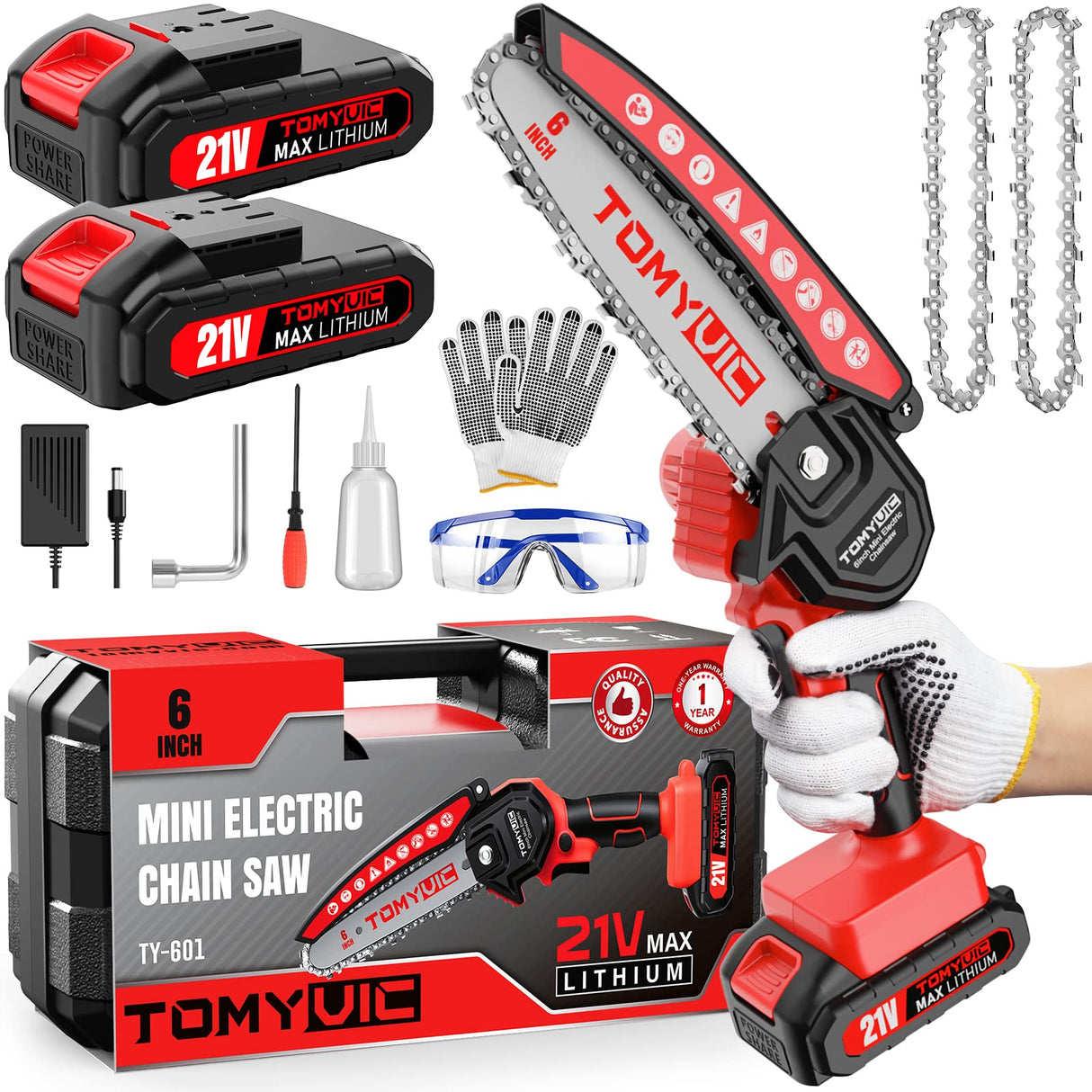 Mini Chainsaw 6-Inch Battery Powered - Cordless Electric Handheld Chainsaw with 2 Rechargeable Batteries - 21V Small Power Chain Saws Battery Tomyvic