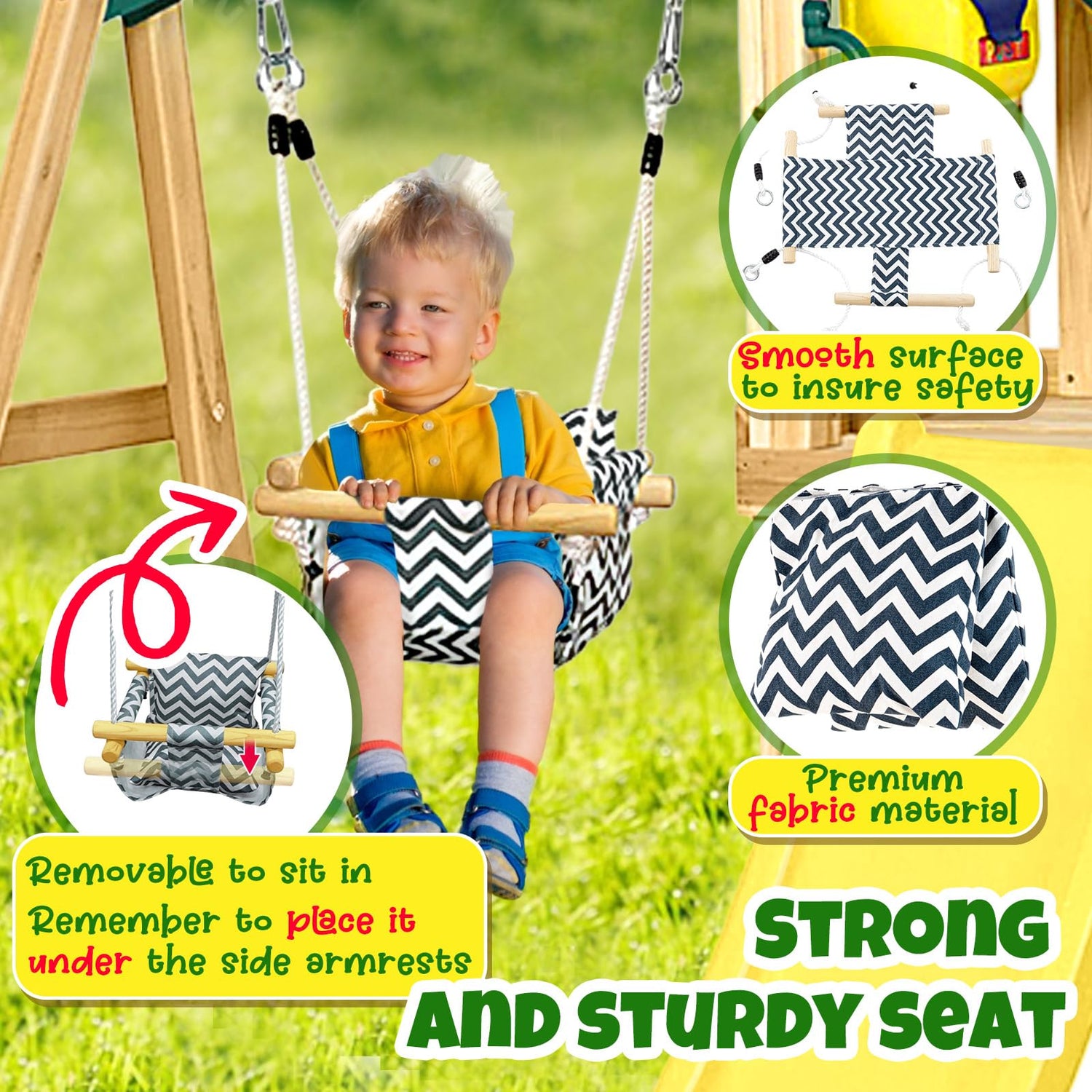 Motionchic 3 in 1 Wooden Swing Set Outdoor Playset Swing Set Kids Playground Playset with Baby Swing Seat, Toddler Slide, Captain's Wheel, Telescope, Motionchic