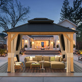 EROMMY 11'x13' Wood Gazebo, Outdoor Hardtop Gazebo Pavilion with Netting and Curtains, Spruce Wooden Frame Double Roof Metal Canopy for Patio EROMMY