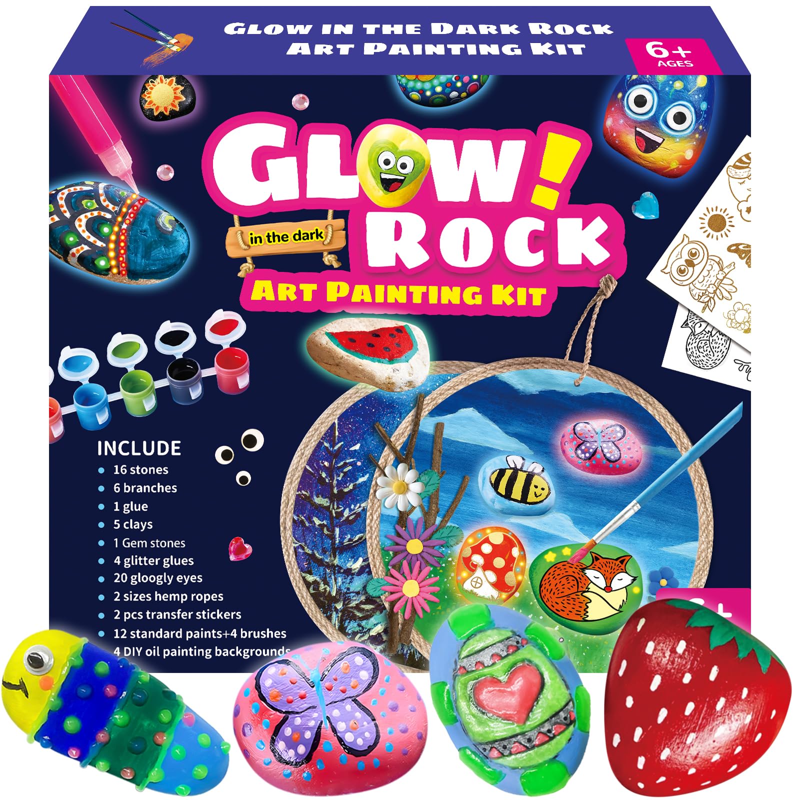 16 Rock Dark Painting Kit - Glow in The Dark - 141 Pcs Arts and Crafts for Kids Ages 4-8+, Art Supplies Set with 16 Paints Craft Kits, Kids DIY Toy - WoodArtSupply