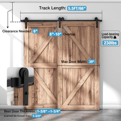 ZEKOO 5.5 FT Bypass Sliding Barn Door Hardware Kit, Single Track, Double Wooden Doors Use, Flat Track Roller, One-Piece Rail Low Ceiling (5.5FT - WoodArtSupply