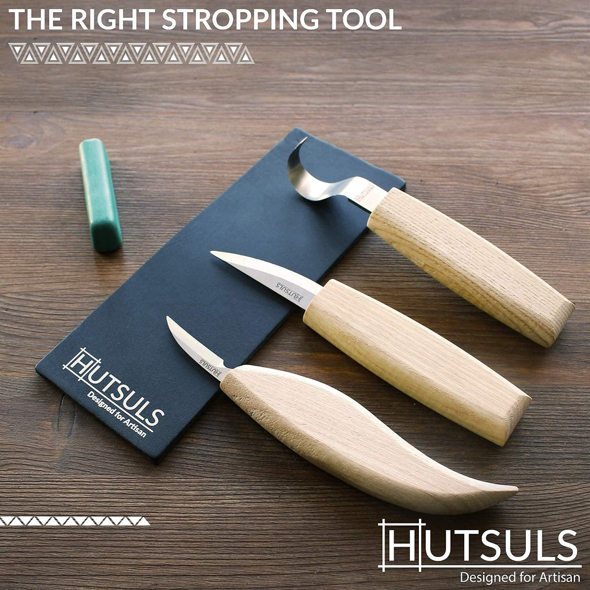 Hutsuls Sloyd Whittling Knife 6.5 in and HUTSULS Premium Black Leather Strop 3 x 8 in 4.0 mm Polishing Compound 1 oz Bundle Hutsuls