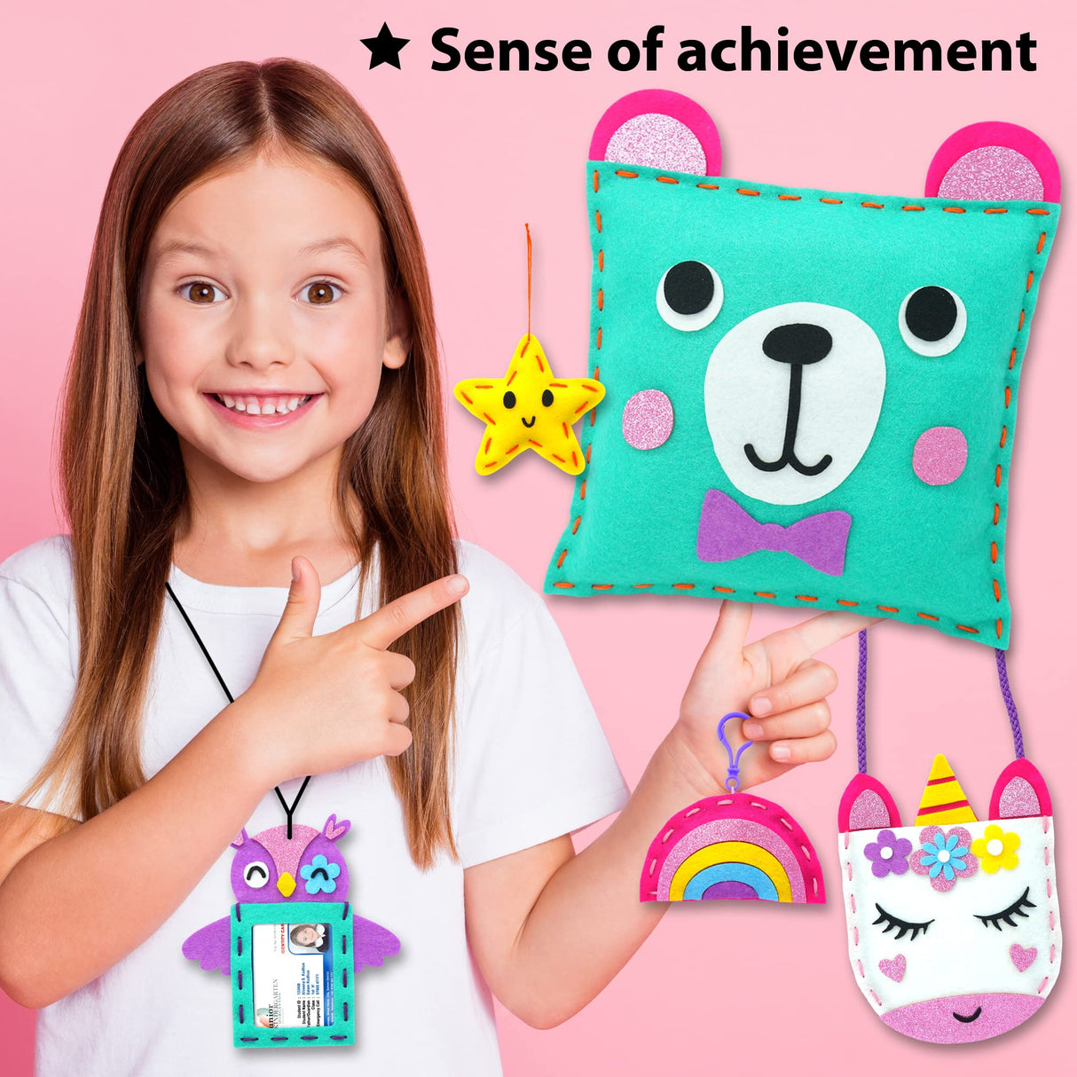 KRAFUN My First Sewing Kit for Beginner Kids Arts & Crafts, 6 Easy DIY Projects of Stuffed Animal Dolls and Plush Pillow Craft, Instructions & Felt, KRAFUN