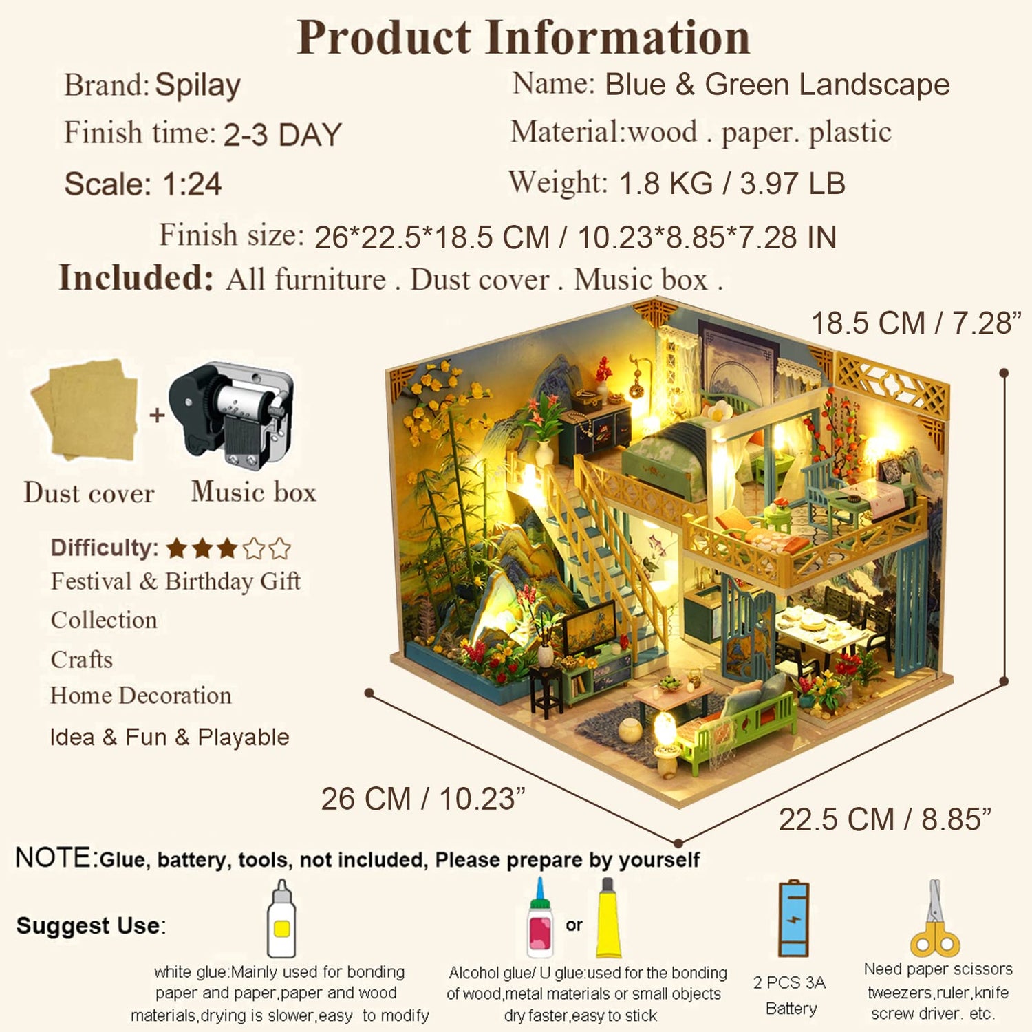 Spilay Dollhouse DIY Miniature Wooden Furniture Kit,Mini Handmade Doll House Model with Dust Cover & Music Box,1:24 Scale Creative Woodcrafts Toys Spilay