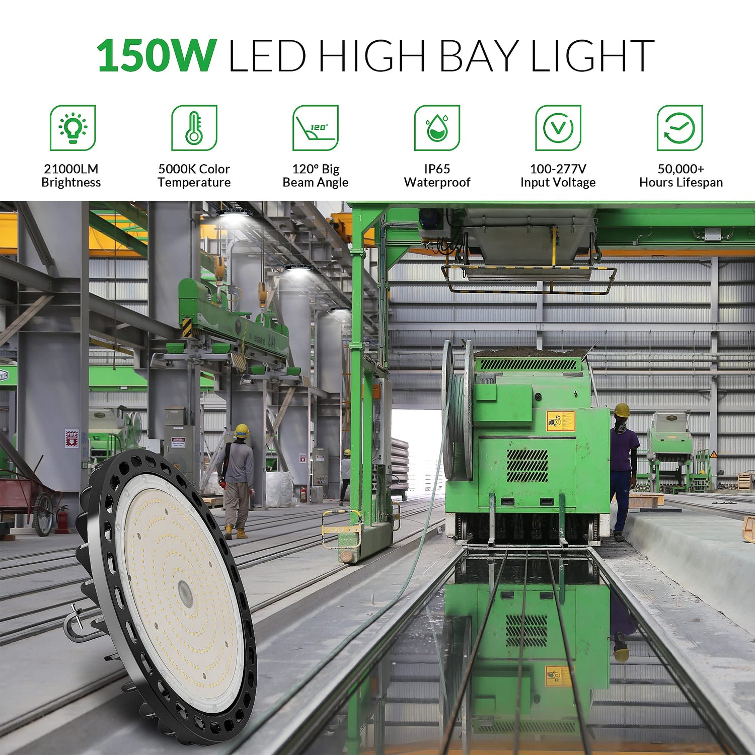 Flakeeper LED High Bay Light 150W, 21000 LM with US Plug 5ft Cable, 5000K Daylight, IP65 Waterproof, UFO Commercial Industrial Warehouse Workshop Flakeeper