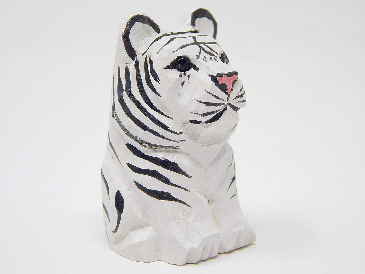 Selsela White Tiger Figurine Decoration Wooden Statue Snow Bleached Albino Art Cat Bengal Striped Miniature Carved Small Animal Sculpture Selsela