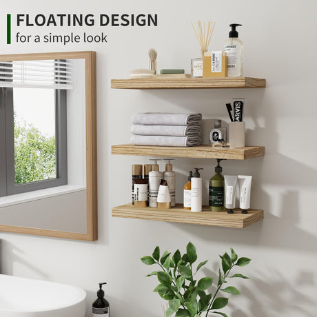 Floating Shelves, 17 Inch Wall Shelf Set of 3, Rustic Wood Shelves for Wall Storage, Wall Mounted Wooden Display Shelf for Bedroom Kitchen, Marsmiles
