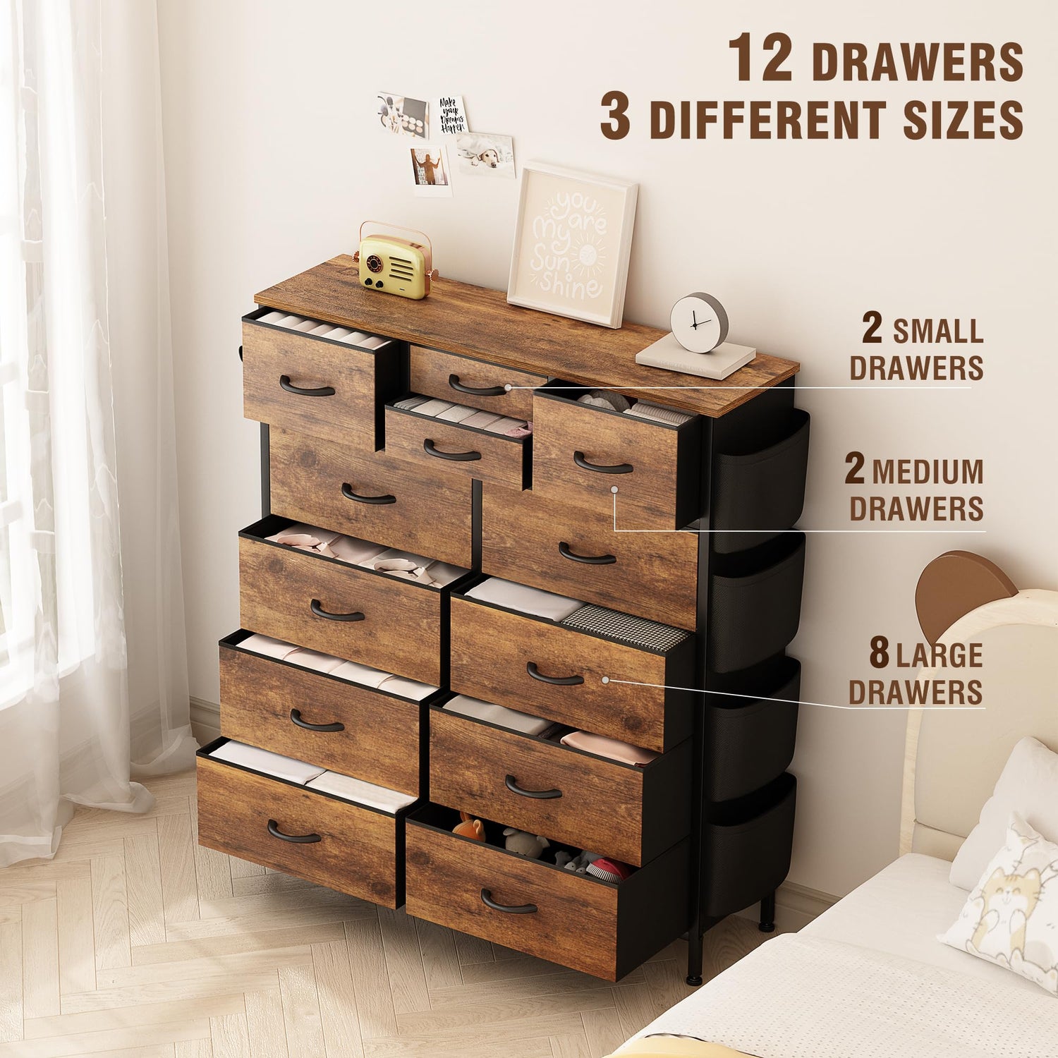 Lulive Dresser for Bedroom with 12 Drawers, Tall Dresser Chest of Drawers with Side Pockets and Hooks, Fabric Dresser Storage Tower for Closet, Lulive