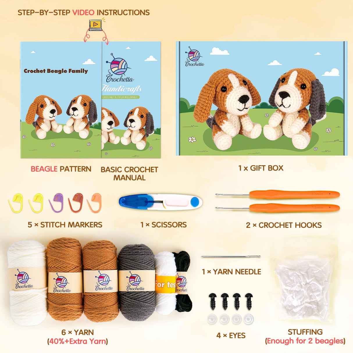 CROCHETTA Crochet Kit for Beginners, Beginner Crochet Kit for Adults with Step-by-Step Video Tutorials, DIY Crochet Animal Kits Kids Knitting CROCHETTA