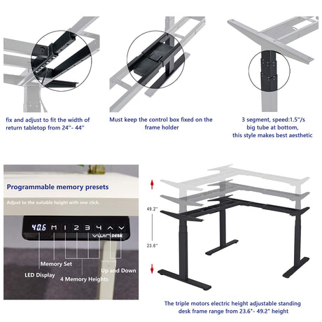 VWINDESK VJ301 L Shaped Electric Height Adjustable Standing Corner Desk Frame Only W/Triple Motor, Ergonomic Sit Stand Up Height Adjustable Steel VWINDESK