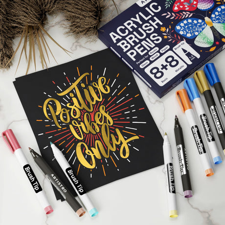Acrylic Paint Pens Brush Tip, 8 Metallic & 8 Basic Colors Acrylic Paint Markers. Set for Rock Painting, Calligraphy, Scrapbooking, Brush Lettering, ARTISTRO