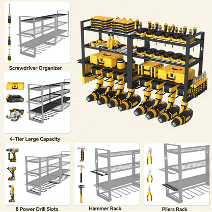 jsyonii Power Tool Organizer-4 Layers Wall Mount Garage Tool Storage Rack, 8 Drill Holder Metal Heavy Duty Tool Storage Rack, Tool Shelf with Pliers - WoodArtSupply