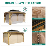 YITAHOME 10x12ft Hardtop Gazebo with Nettings and Curtains, Wood Grain Heavy Duty Double Roof Galvanized Steel Outdoor Combined of Vertical Stripes YITAHOME
