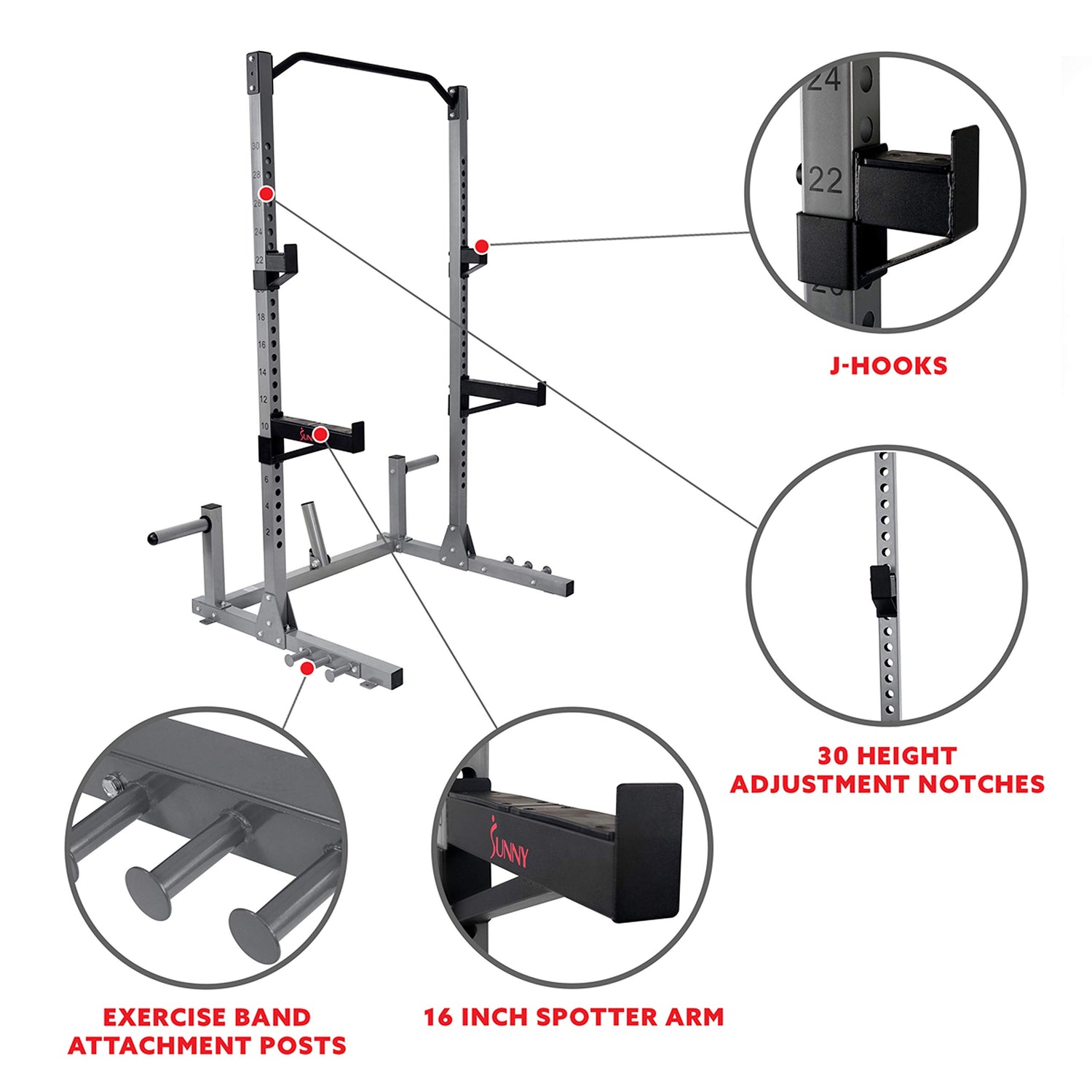 Sunny Health & Fitness Power and Squat Rack with High Weight Capacity, Olympic Weight Plate Storage and 360° Swivel Landmine and Power Band Sunny Health & Fitness