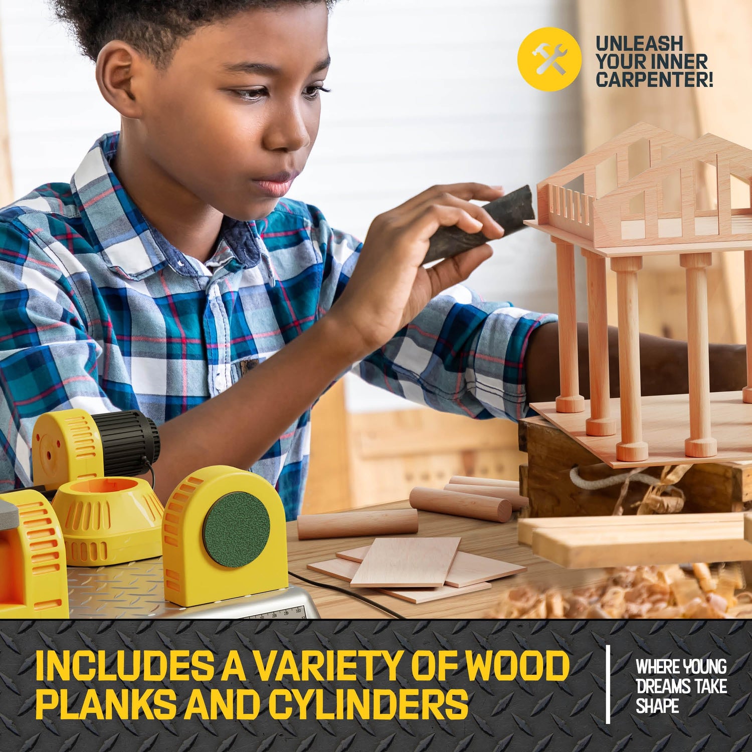 4 in 1 Woodworking Station for Kids - Wood Building Projects Kit for Boys - Real Construction Tools Sets - Boy Tool Set - Gifts for Boy Age Year Old Dan&Darci