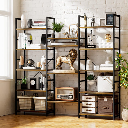 NUMENN Triple Wide 5 Tier Rustic Industrial Bookshelf with 14 Open Display Shelves - WoodArtSupply