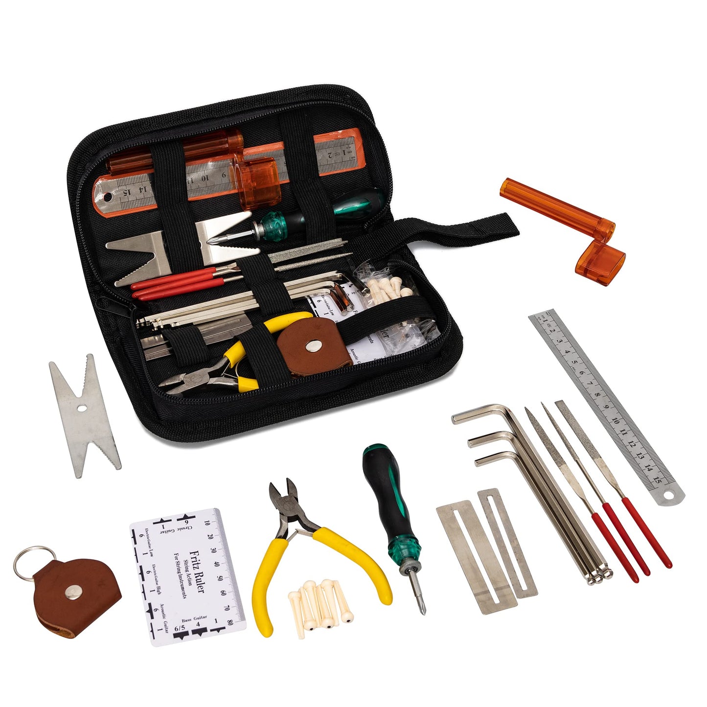 GOCOHHI Guitar Repairing Tool Kit Wire Plier,String Organizer,Fingerboard Protector,Hex Wrenches, Files, String Ruler Action Ruler, Spanner