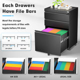 Greenvelly Black 3 Drawer File Cabinet with Wheels, Locking Mobile Filing Cabinet with Lock, Office Rolling File Cabinets for Legal/Letter Size with Greenvelly