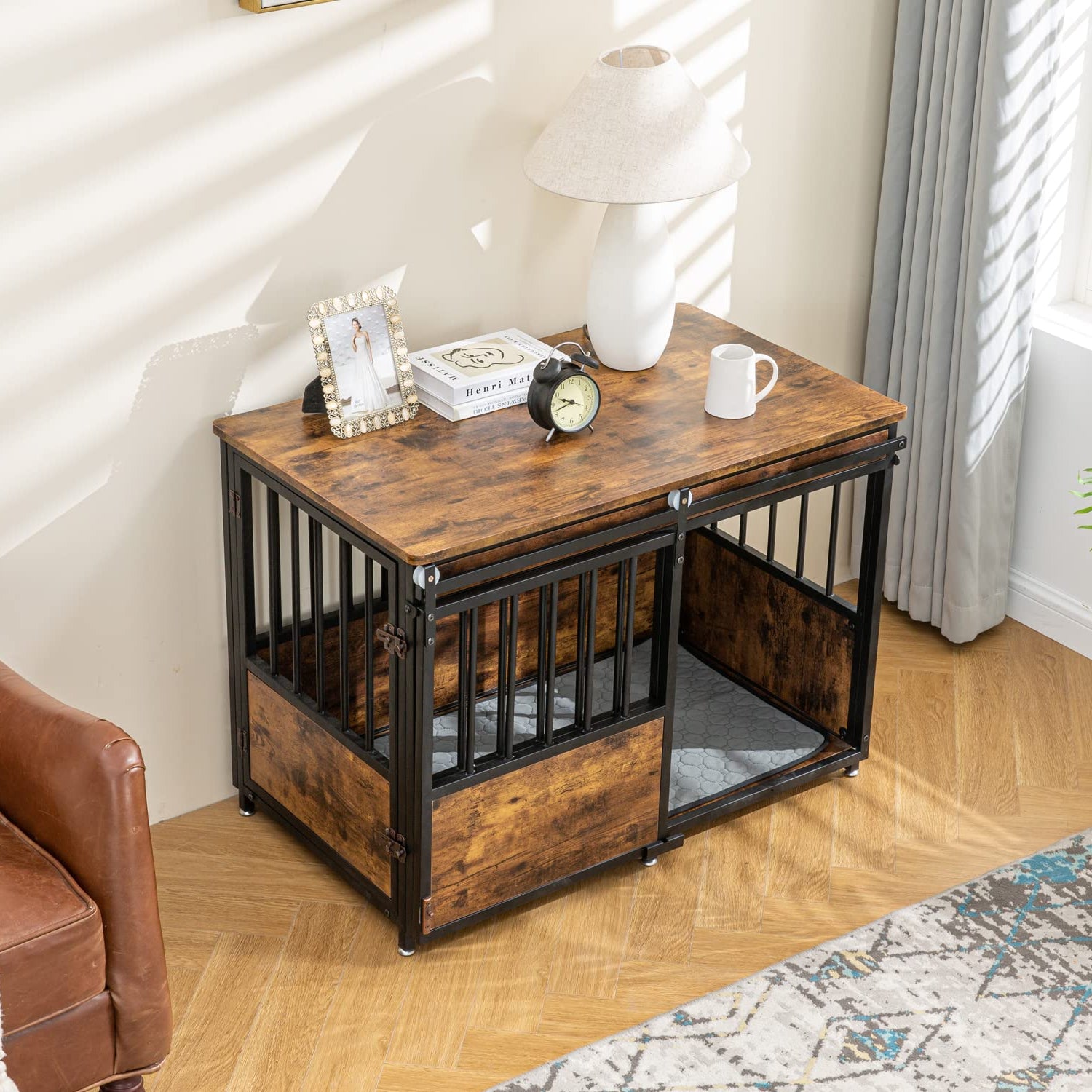 KOOPRO 40 Inch Dog Crate Furniture with Cushion for Large Medium Dogs, Wooden Heavy Duty Dog Kennel with Double Doors, Decorative Pet House Dog Cage KOOPRO