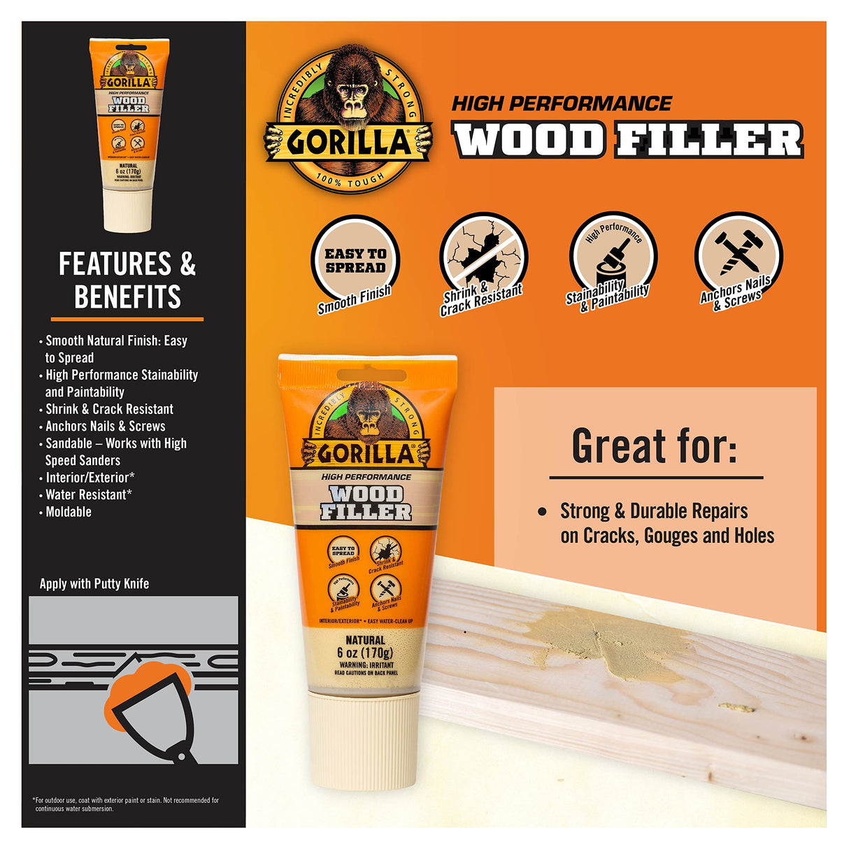 Gorilla All Purpose Wood Filler, 6oz Tube, Natural (Pack of 1) Gorilla