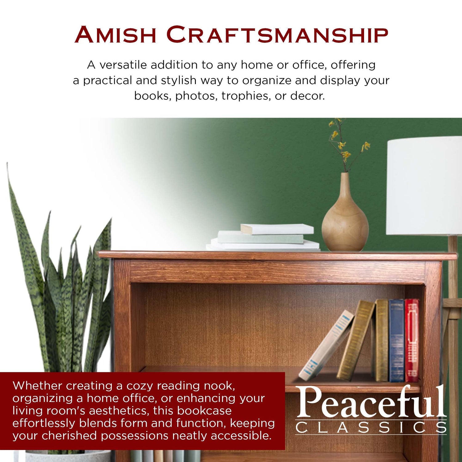 3-Tier Adjustable Wooden Bookcase in Cherry - Versatile Storage for Any Space Peaceful Classics