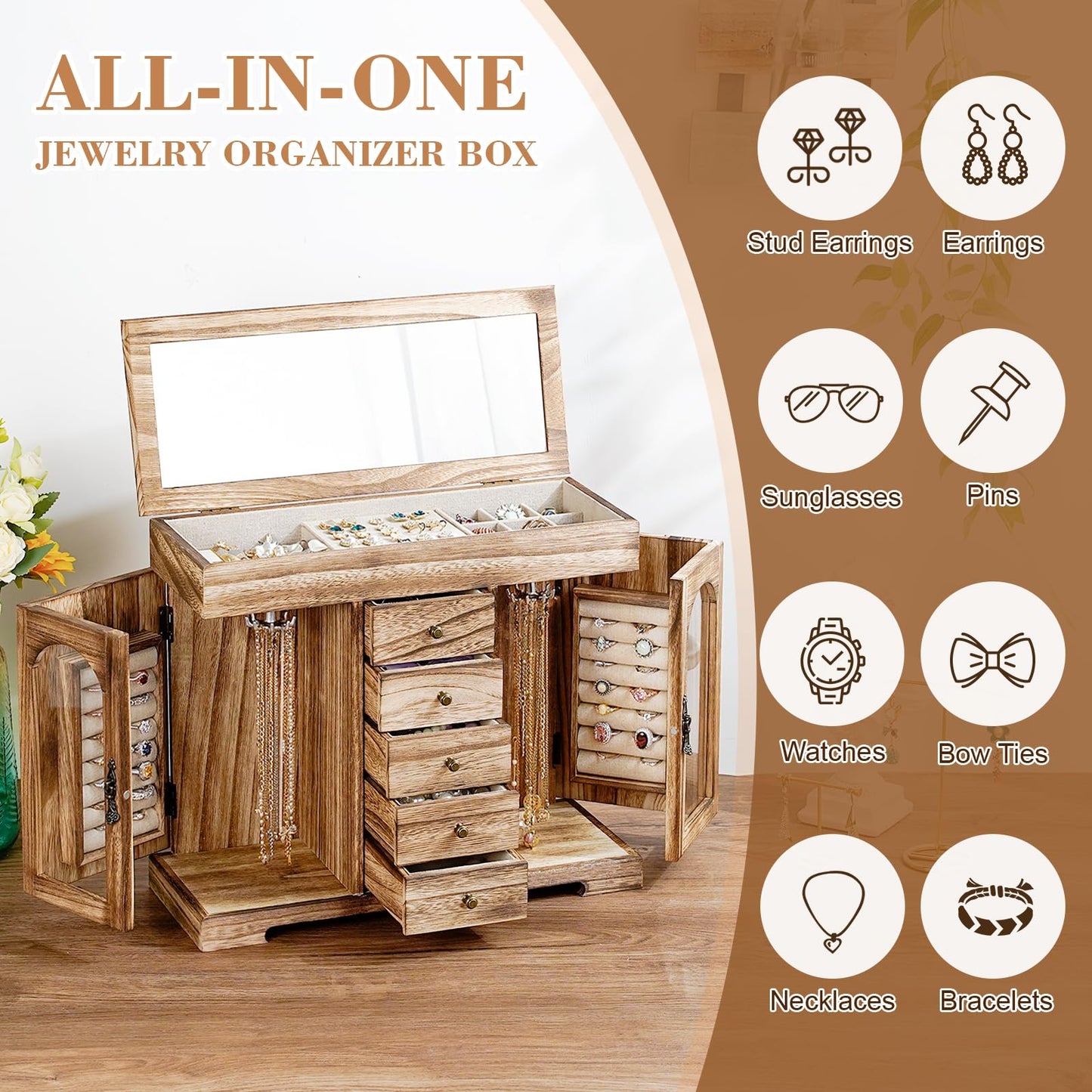 Miratino Jewelry Box for Women Girls, Rustic Wooden Jewelry Organizer Box with Mirror, 5 Layer Jewelry Storage Case Display for Necklaces Earrings - WoodArtSupply