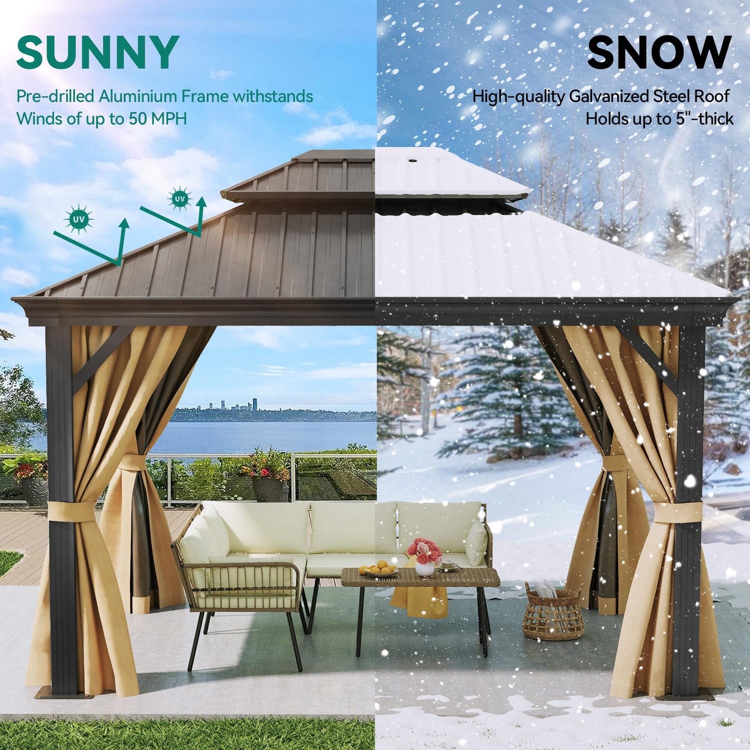 YITAHOME 10x12ft Gazebo Double Roof Hardtop with Nettings and Curtains, Heavy Duty Galvanized Steel Outdoor Vertical Stripes Roof for Patio, YITAHOME