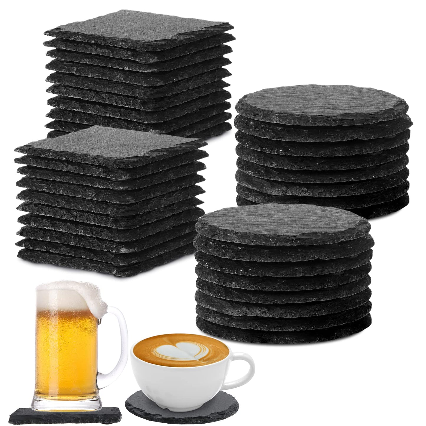 72 Pcs Slate Coasters Bulk 4 x 4 Inch 36 Square Black Stone Coasters 36 Round Drink Coasters Handmade Bar Coasters Natural Edge Cup Coaster with Anti