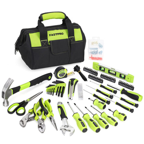 FASTPRO 220-Piece Home Tool Set, Household Repairing Tool Kit, with 12-Inch Wide Mouth Open Storage Tool Bag, Green FASTPRO