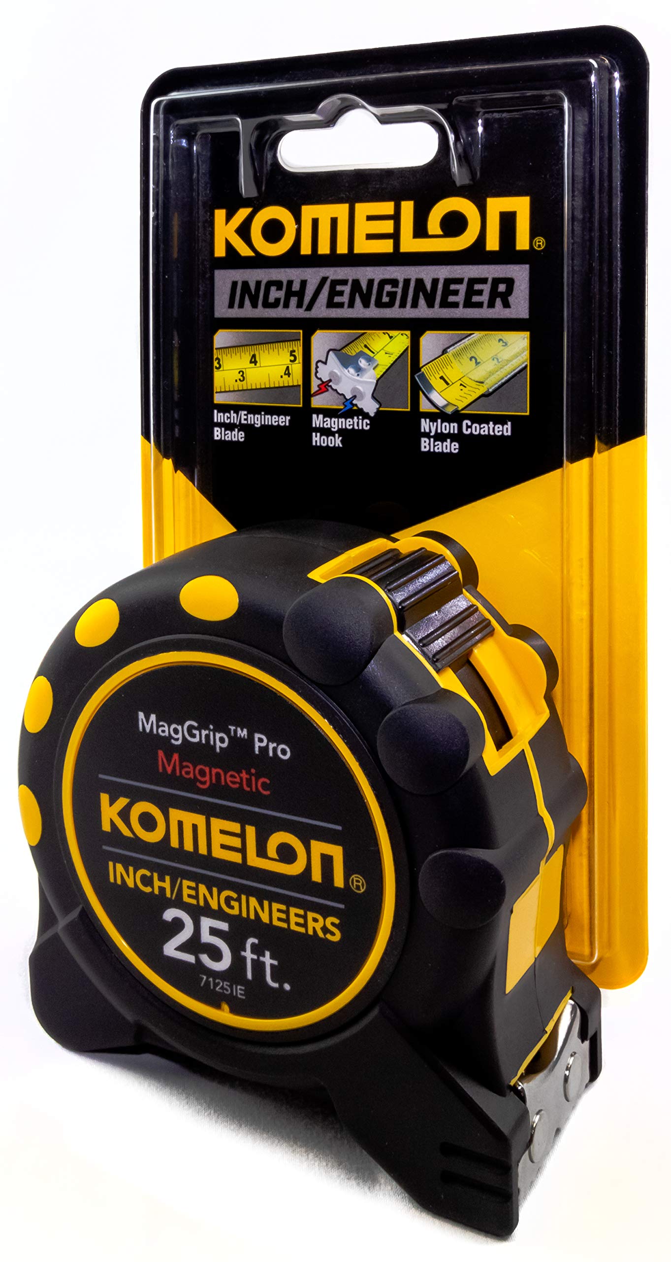 Komelon 7125IE; 25' x 1" Magnetic MagGrip Pro Tape Measure with Inch/Engineer Scale, Yellow/Black - WoodArtSupply