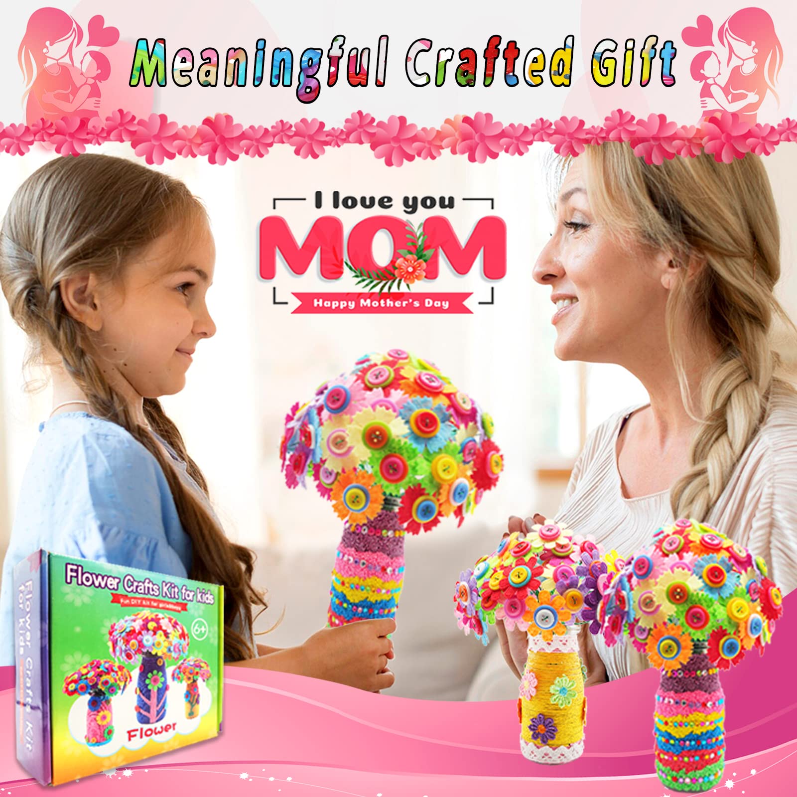 Crafts for Girls Ages 6-10 Make Your Own Flower Bouquet with Buttons and Felt Flowers, Vase Art and Craft for Children - DIY Activity Christmas - WoodArtSupply