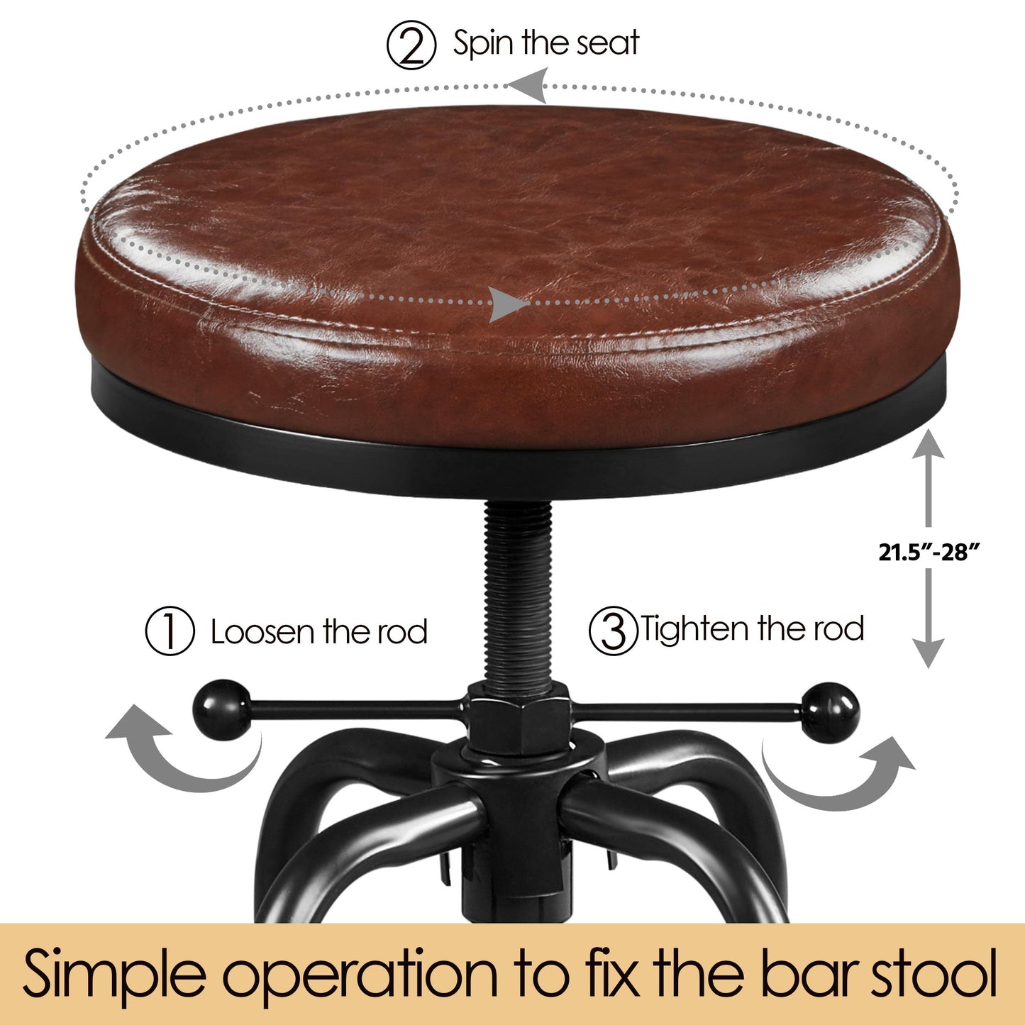 Yaheetech Industrial Bar Stool Vintage Counter Height Stool with Round Faux Leather Seat Metal Stool Adjustable Kitchen Stool 21.5-28 Inch Tall